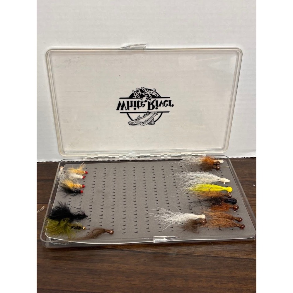 White River Fly Shop Slotted Foam Fly Box with 18 Assorted Streamers and Jigs